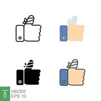 Hurt hand, bandage finger icon in different style. Outline, flat, solid, filled outline. Like, thumb up gesture, injured, unavailable concept. Vector illustration isolated on white background. EPS 10.