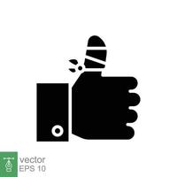 Hurt hand, bandage finger glyph icon. Simple solid style. Like, thumb up gesture, injured, unavailable concept. Vector illustration isolated on white background. EPS 10.