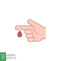 Blood on finger icon. Vector people hand injured isolated symbol. Glucose, insulin test, diabetes concept. Simple filled outline style. Sign illustration on white background. EPS 10.