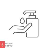 Hand sanitizer icon, line style. Washing hand with sanitizer liquid soap. Vector illustration. Design on white background. Editable stroke EPS 10.