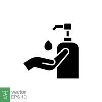 Hand sanitizer icon, solid style. Washing hand with sanitizer liquid soap. Black silhouette symbol. Vector illustration design isolated on white background. EPS 10.