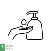 Hand sanitizer icon, line style. Washing hand with sanitizer liquid soap. Vector illustration. Design on white background. EPS 10.