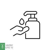 Hand sanitizer icon, line style. Washing hand with sanitizer liquid soap. Vector illustration. Design on white background. EPS 10.