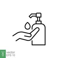 Hand sanitizer icon, line style. Washing hand with sanitizer liquid soap. Vector illustration. Design on white background. EPS 10.