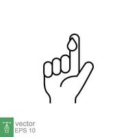 Blood on finger line icon. Vector people hand injured isolated symbol. Glucose, insulin test, diabetes concept. Simple outline style. Sign illustration on white background. EPS 10.