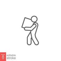 Lifting weights icon. Simple outline style for web template and app. Lift, man carry heavy box, delivery boy. Thin line vector illustration design isolated on white background. Editable stroke EPS 10.