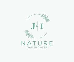 initial JI letters Botanical feminine logo template floral, editable premade monoline logo suitable, Luxury feminine wedding branding, corporate. vector