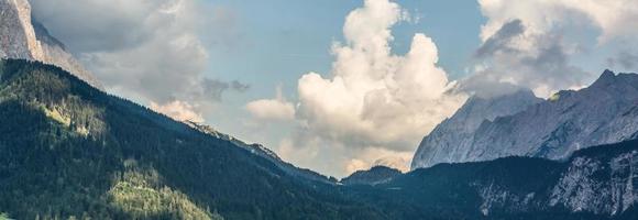 idílico paisaje en el Alpes con Fresco verde prados, floreciente flores, típico granjas y nevado montaña tapas en el fondo, parque Nacional berchtesgadener tierra, baviera, Alemania foto