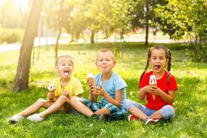 cerca arriba de preadolescente amigos en un parque sonriente a cámara foto