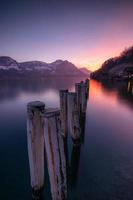 Wooden masts protrude from the water photo