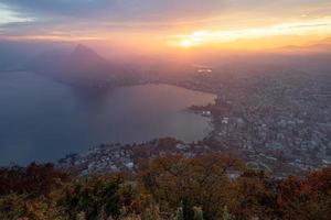 A city on the lake from above during the sunset photo