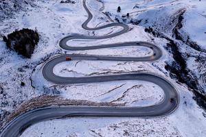 A snake shaped pass road in winter photographed from above photo