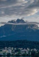 A city with a huge mountain in the background during the sunset photo