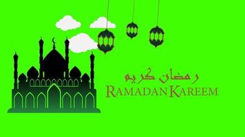 ramadan kareem animation, with mosque temple, walking clouds and swaying lights, green background video