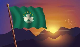 Macao flag with mountains and sunset in the background vector