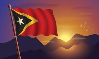 este Timor bandera con montañas y puesta de sol en el antecedentes vector