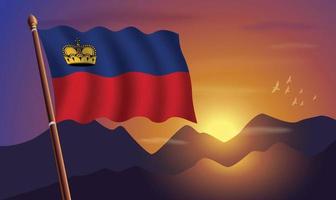 Liechtenstein bandera con montañas y puesta de sol en el antecedentes vector