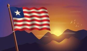 Liberia bandera con montañas y puesta de sol en el antecedentes vector