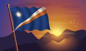 Marshall Islands flag with mountains and sunset in the background vector