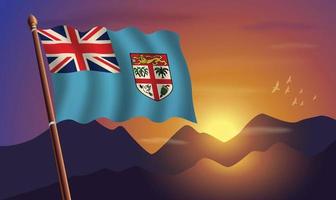 Fiji bandera con montañas y puesta de sol en el antecedentes vector