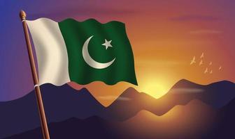 Pakistán bandera con montañas y puesta de sol en el antecedentes vector