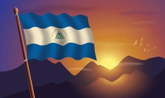 Nicaragua bandera con montañas y puesta de sol en el antecedentes vector
