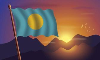 Palau flag with mountains and sunset in the background vector