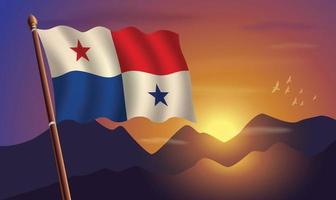 Panamá bandera con montañas y puesta de sol en el antecedentes vector