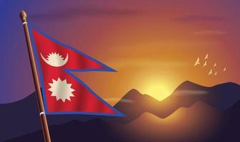 Nepal bandera con montañas y puesta de sol en el antecedentes vector