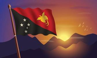 Papuasia nuevo Guinea bandera con montañas y puesta de sol en el antecedentes vector