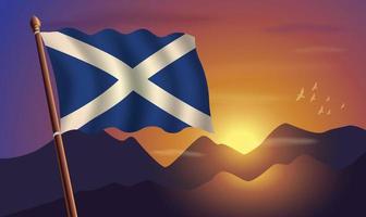 Escocia bandera con montañas y puesta de sol en el antecedentes vector