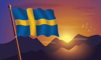 Sweden flag with mountains and sunset in the background vector