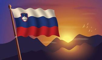 Eslovenia bandera con montañas y puesta de sol en el antecedentes vector