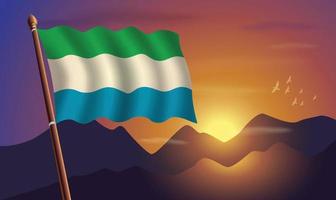 sierra leona bandera con montañas y puesta de sol en el antecedentes vector