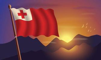 Tonga flag with mountains and sunset in the background vector