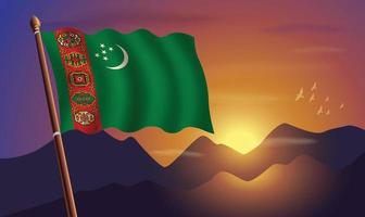Turkmenistán bandera con montañas y puesta de sol en el antecedentes vector