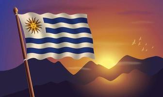 Uruguay bandera con montañas y puesta de sol en el antecedentes vector