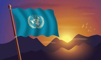 United Nations flag with mountains and sunset in the background vector