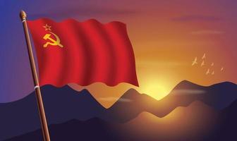 USSR flag with mountains and sunset in the background vector