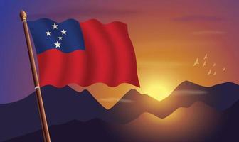 Western Samoa flag with mountains and sunset in the background vector