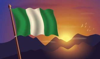 Nigeria bandera con montañas y puesta de sol en el antecedentes vector