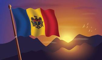 Moldova flag with mountains and sunset in the background vector