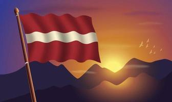 Letonia bandera con montañas y puesta de sol en el antecedentes vector