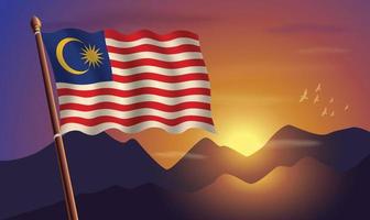 Malaysia flag with mountains and sunset in the background vector