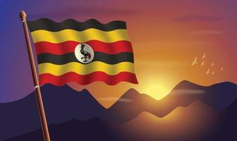 Uganda bandera con montañas y puesta de sol en el antecedentes vector