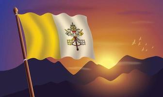 Vatican City flag with mountains and sunset in the background vector