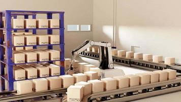 brazo robot ai fabricar caja producto objeto para fabricación industria tecnología producto exportar y importar de futuro para productos, alimento, productos cosméticos, vestir almacén mecánico futuro tecnología video