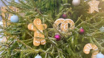 Gingerbread man and other ornaments on outdoor Christmas tree video