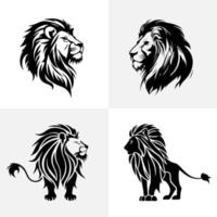 Lion head face logo set silhouette black icon tattoo mascot hand drawn lion king silhouette animal vector illustration