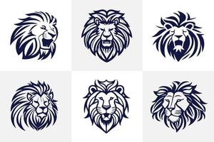 Lion head face logo set silhouette black icon tattoo mascot hand drawn lion king silhouette animal vector illustration